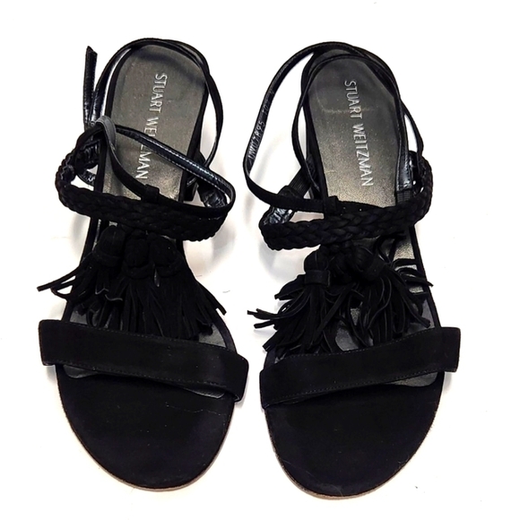 Stuart Weitzman Black Tasselmania Suede Block Heel Sandals - Picture 2 of 12
